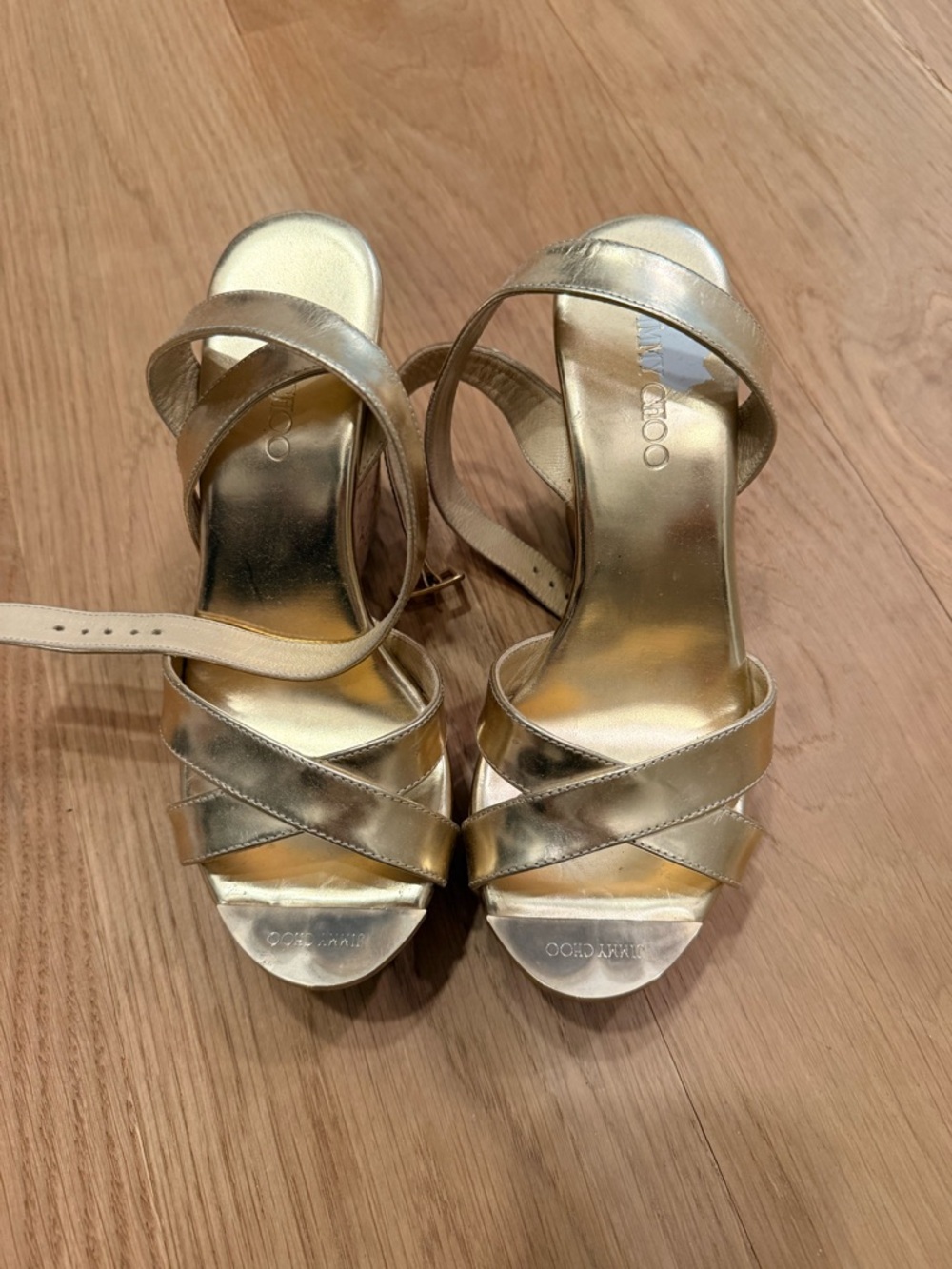 Jimmy Choo Metallic Gold Crisscross Ankle-Strap Sandals